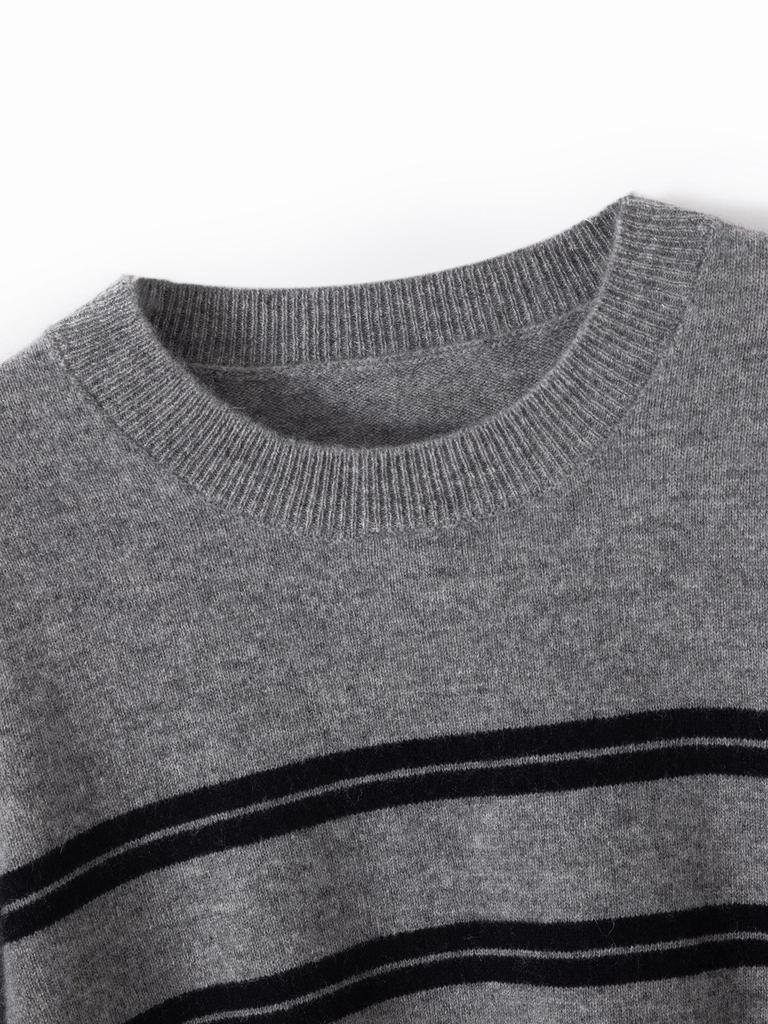 Xiao He Women's Classic Stripe 100% Pure Wool Sweater - Round Neck, Color Block, Loose Fit, Slimming, Soft, and Fluffy.