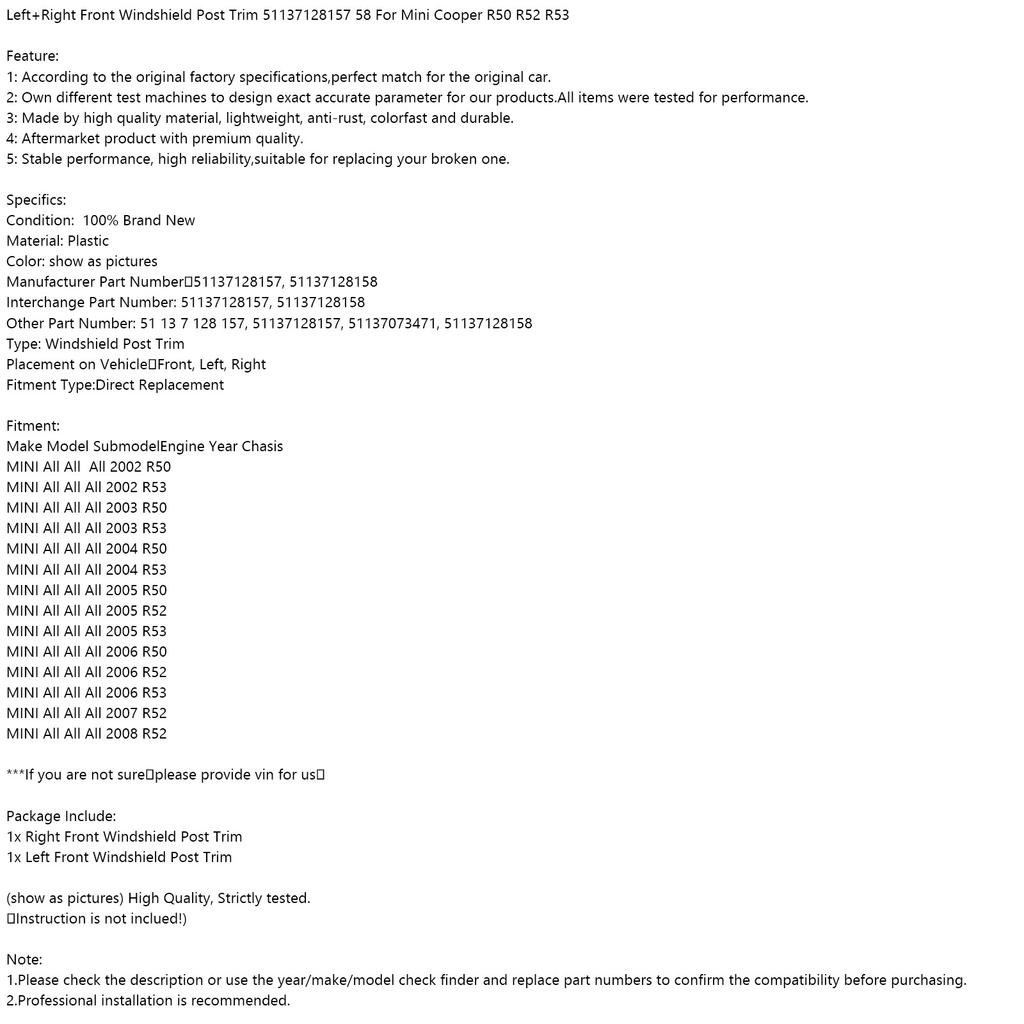 Left+Right Front Windshield Post Trim 51137128157 58 For Mini Cooper R50 R52 R53