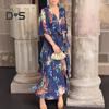 Women Dress Multi-layered Hem Lace-up Slim Waist Colorful Printing Maxi Dress Mid Sleeve V Neck Vacation Party Dress