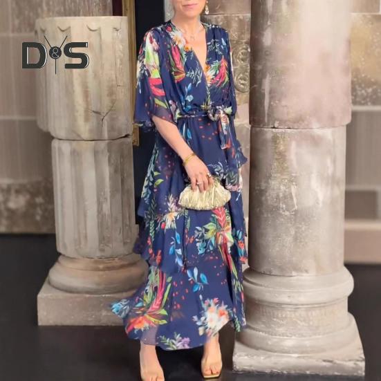 Women Dress Multi-layered Hem Lace-up Slim Waist Colorful Printing Maxi Dress Mid Sleeve V Neck Vacation Party Dress