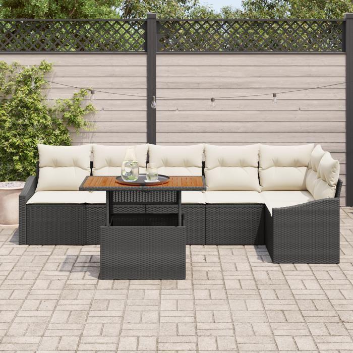 VidaXL Ensemble de salle à manger de jardin 7 pièces avec coussins noir en poly rotin acacia 3349844