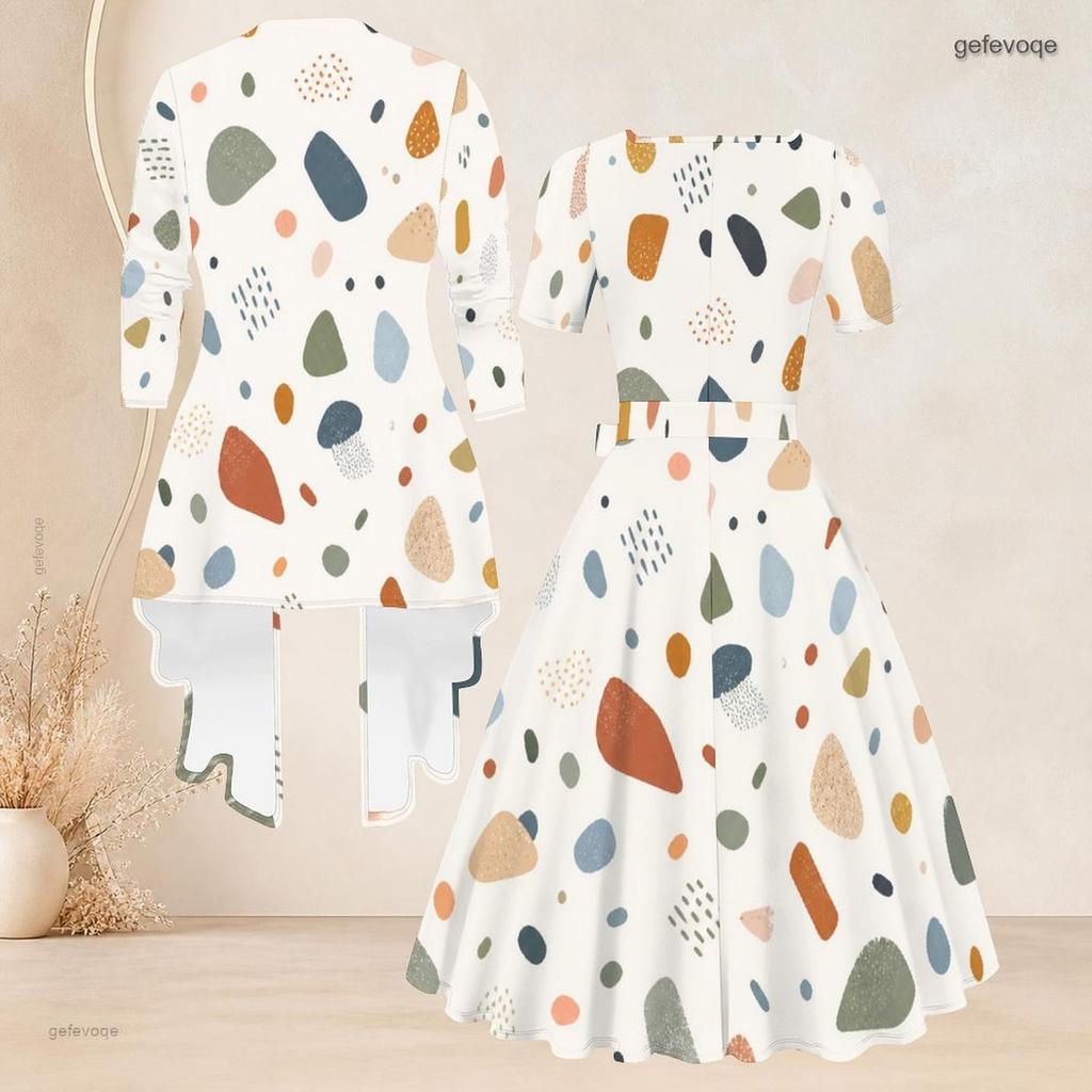 Women Plus Size Geometric Printed Two Piece Set Square Neck Short Sleeve Tie Waist Flared Dress And Three Quarter Sleeve Cardigan