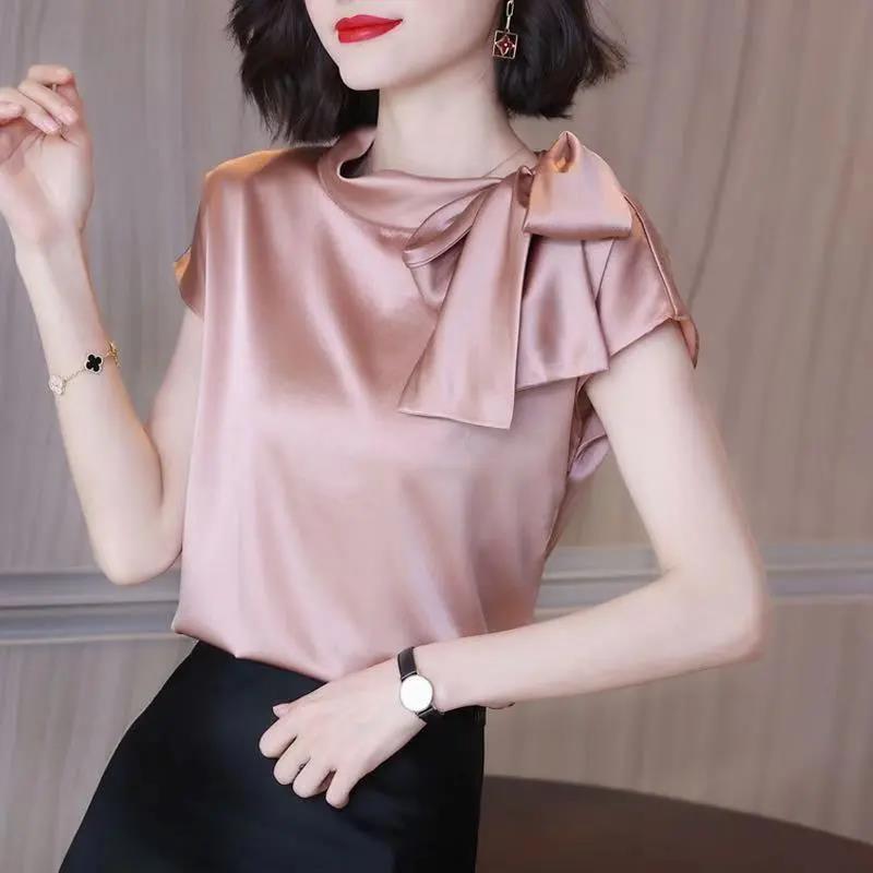 Office Lady Elegant Fashion Bow Satin T-shirt Female Short Sleeve Solid All-match Pullover Tee Women's Temperament Summer Tops