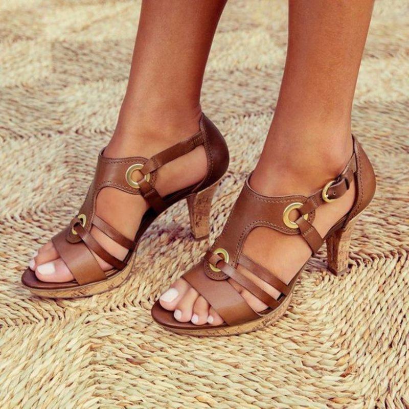

Sandals Ladies Roman Slippers Open-toed Toe Scalp Leather Black High Heels Outdoor Casual Summer Sandals 43 коричневий