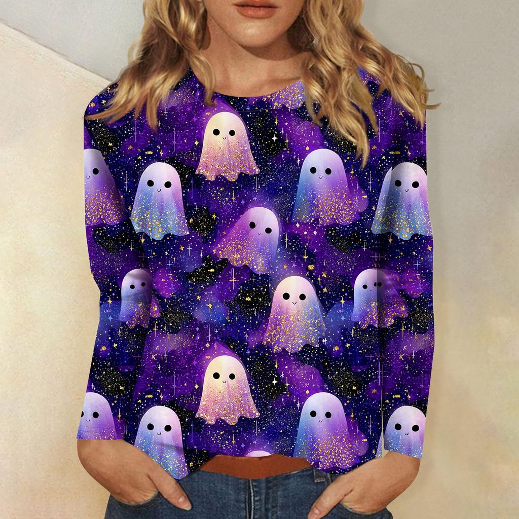 Women's Long-sleeved Loose-necked Halloween Print Casual Top, Suitable for Holiday Parties