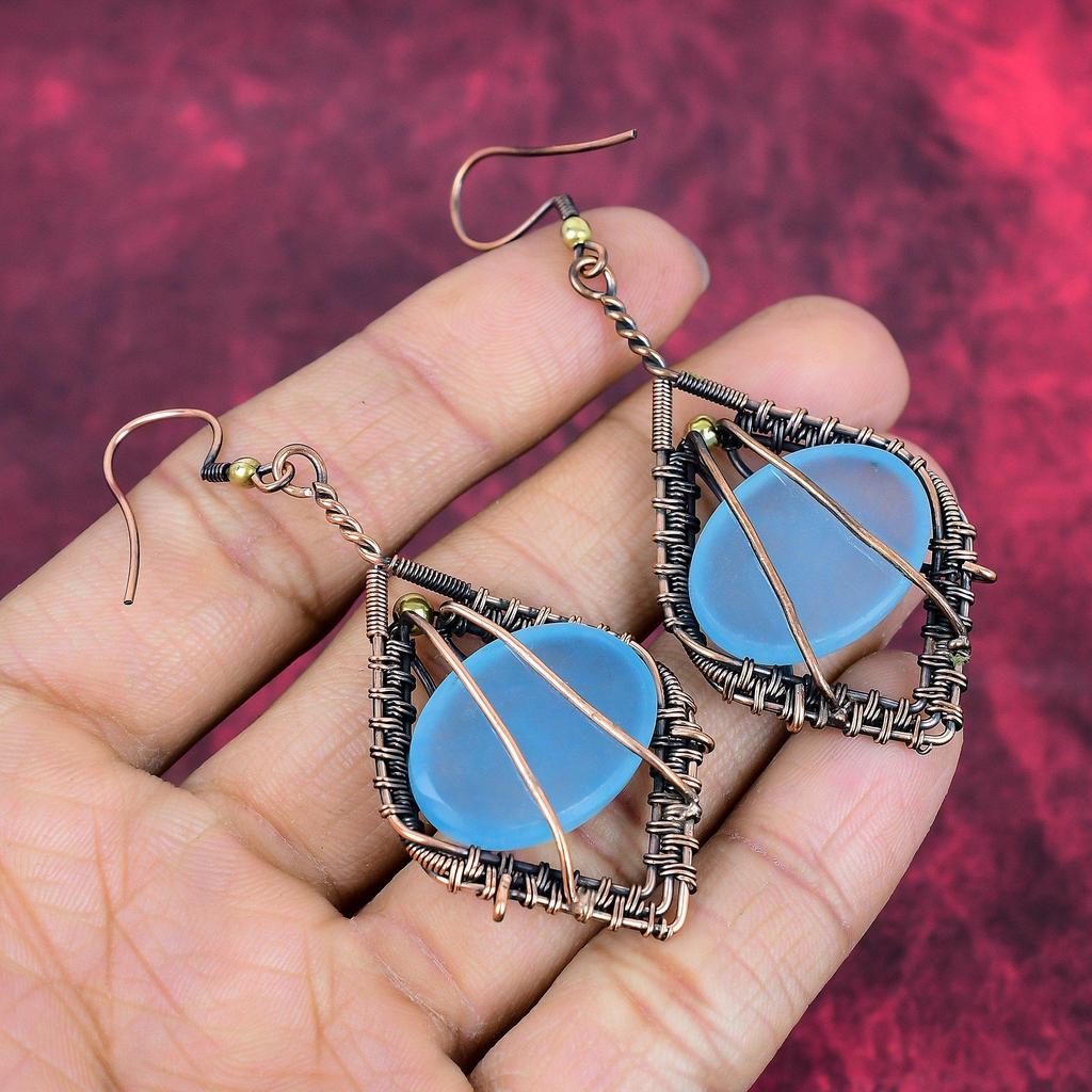 Aquamarine earrings copper wire wrapped earring handmade copper jewelry natural gemstone earrings gifts for wife wire jewelry dangle earring