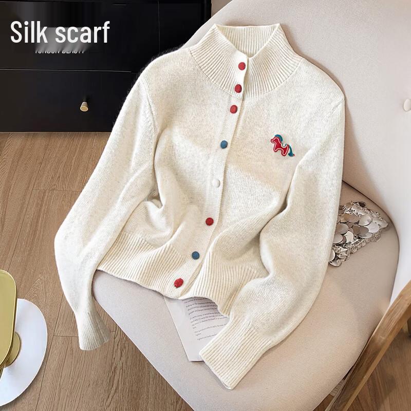 Women s Fashion Horse Embroidered Wool Blend Cardigan One Size
