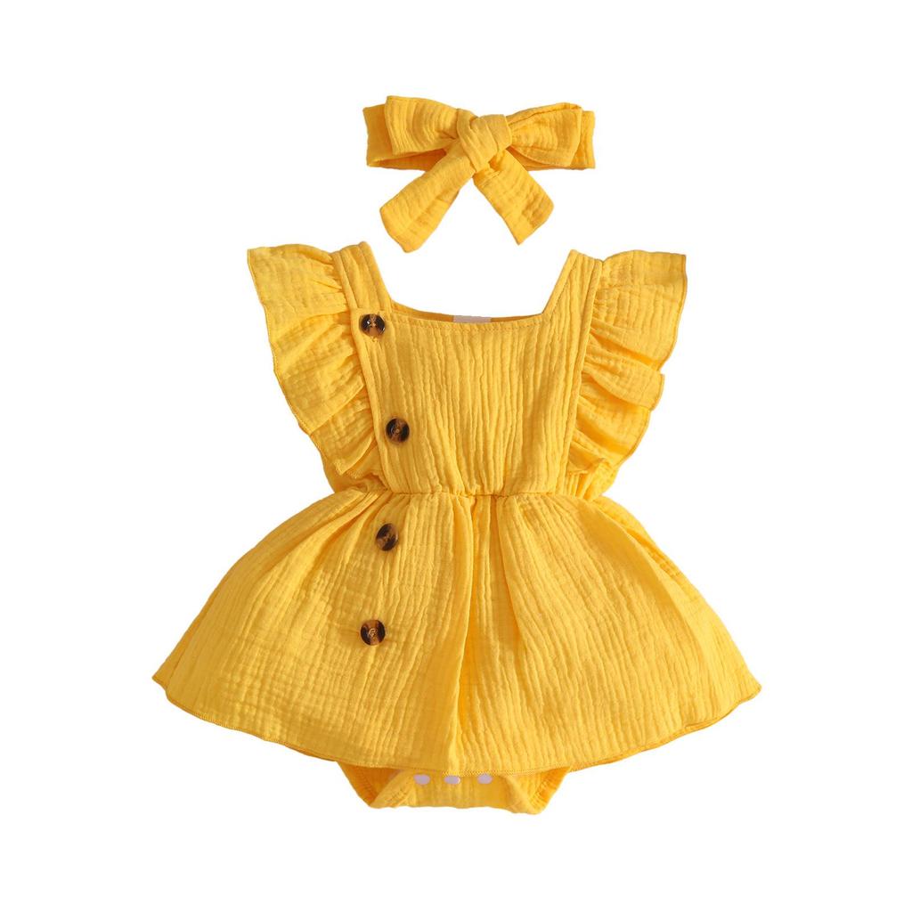 Set Vestito con Maniche a Volant Loto Estivo e Fascia con Mutandine per Neonate 0-1 Anno