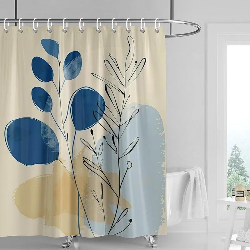 Nordic Style Bathroom Soft Fabric Shower Curtain Abstract Tropical Plant Art Pattern Waterproof Bathroom Decorative Curtain