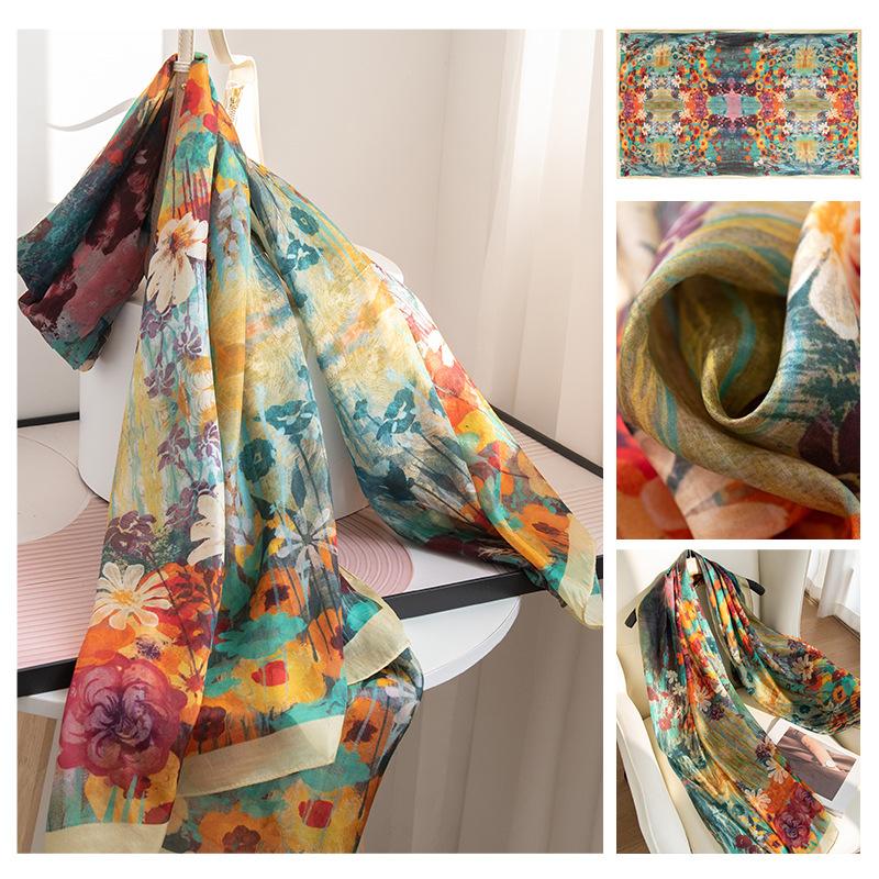 Long Strips of Silk Scarf  High-end Sense Mulberry Silk Scarf  Women's Fresh Small Floral Thin Style  Atmosphere  Big Shawl
