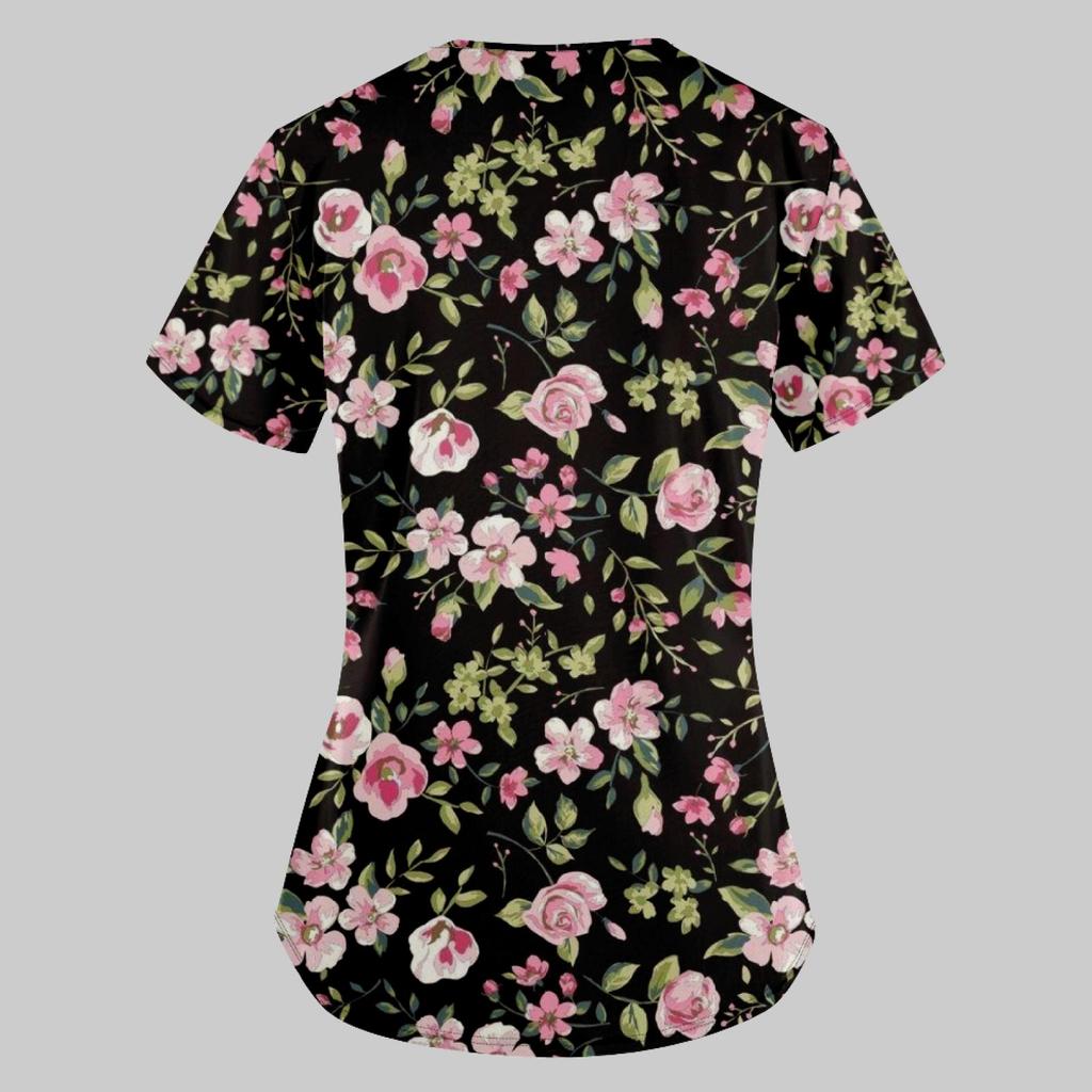 Modische bedruckte Damen-Arbeitsuniform mit Taschen-T-Shirt, kurzärmeliges Oberteil