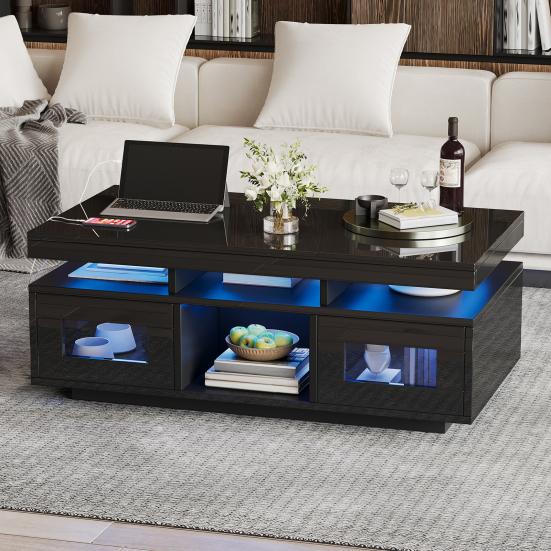 100x50x43cm Schwarzer Hochglanz-Couchtisch, mit steuerbaren LED-Leuchten, Mobile App, Wohnzimmertisch mit Schrank, Sofatisch mit Ladeanschluss und