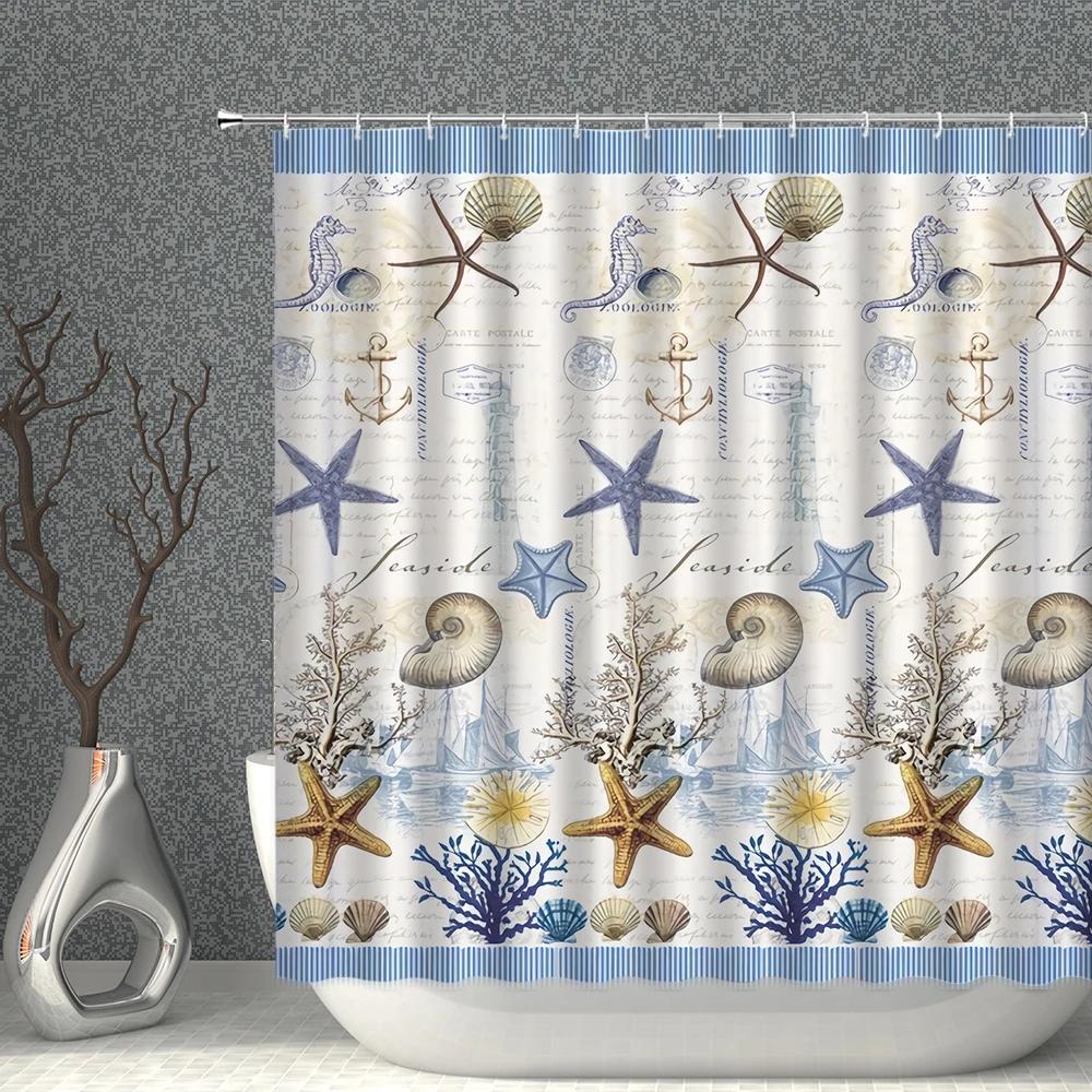 Starfish Shower Curtain Set Starfishs Shells Seascape Ocean Bath Curtains Waterproof Fabric White Blue Bathroom Screen Decor