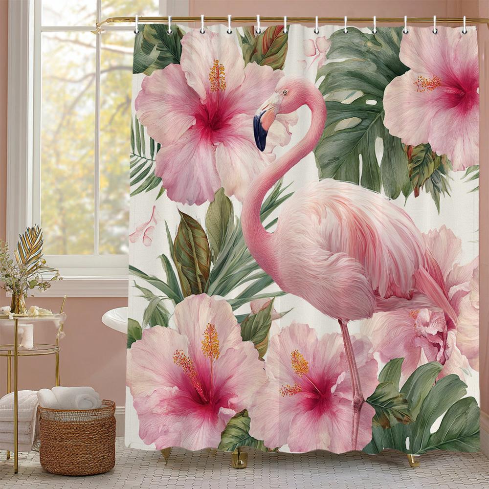 Flamingo Shower Curtain, Floral Botanical Tropical Plant Art Deco Bathroom Decorative Shower Curtain, Print Curtain with Hooks