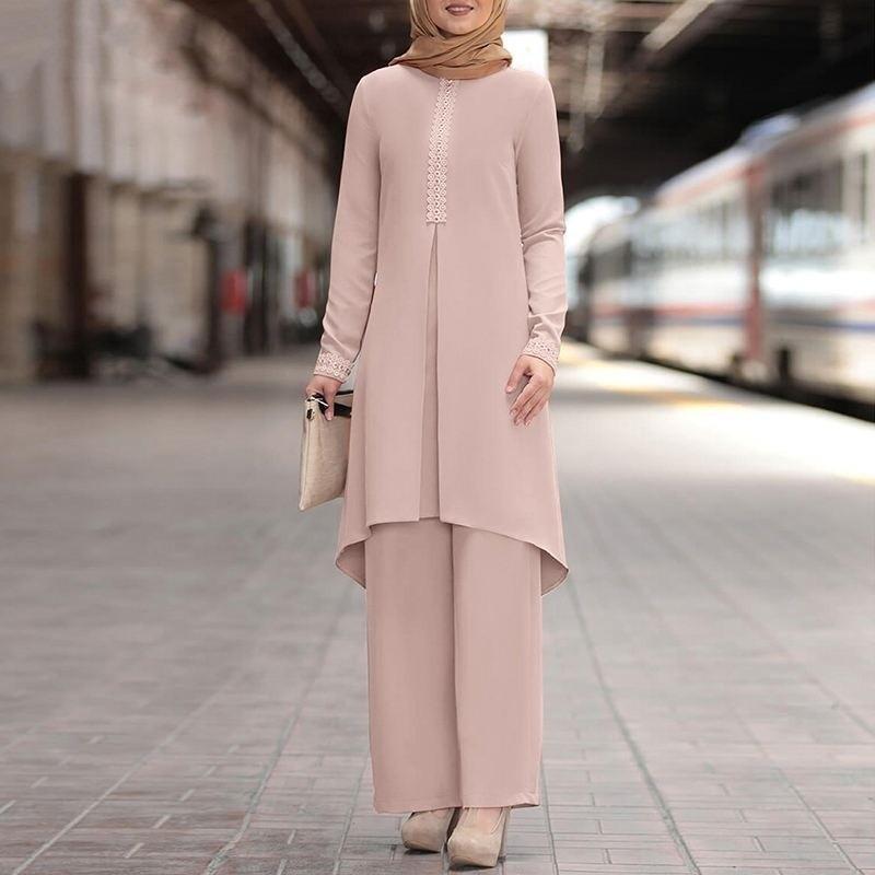 Hot-selling Middle Eastern Muslim Women's Suit Spring and Autumn Lace Long-sleeved Top Wide-leg Pants