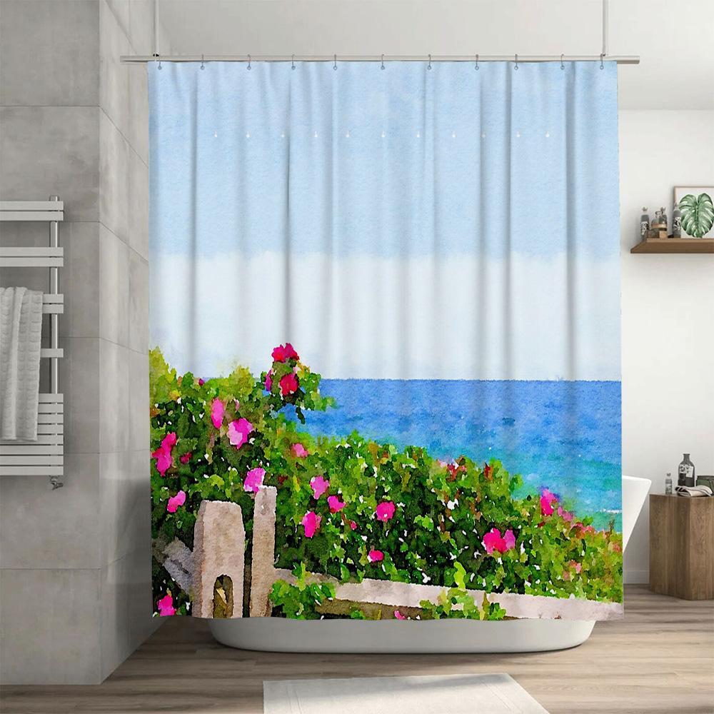 Floral Ocean View Shower Curtain Tropical Beach Wall Art Bathroom Decor Waterproof Scenic Backdrop
