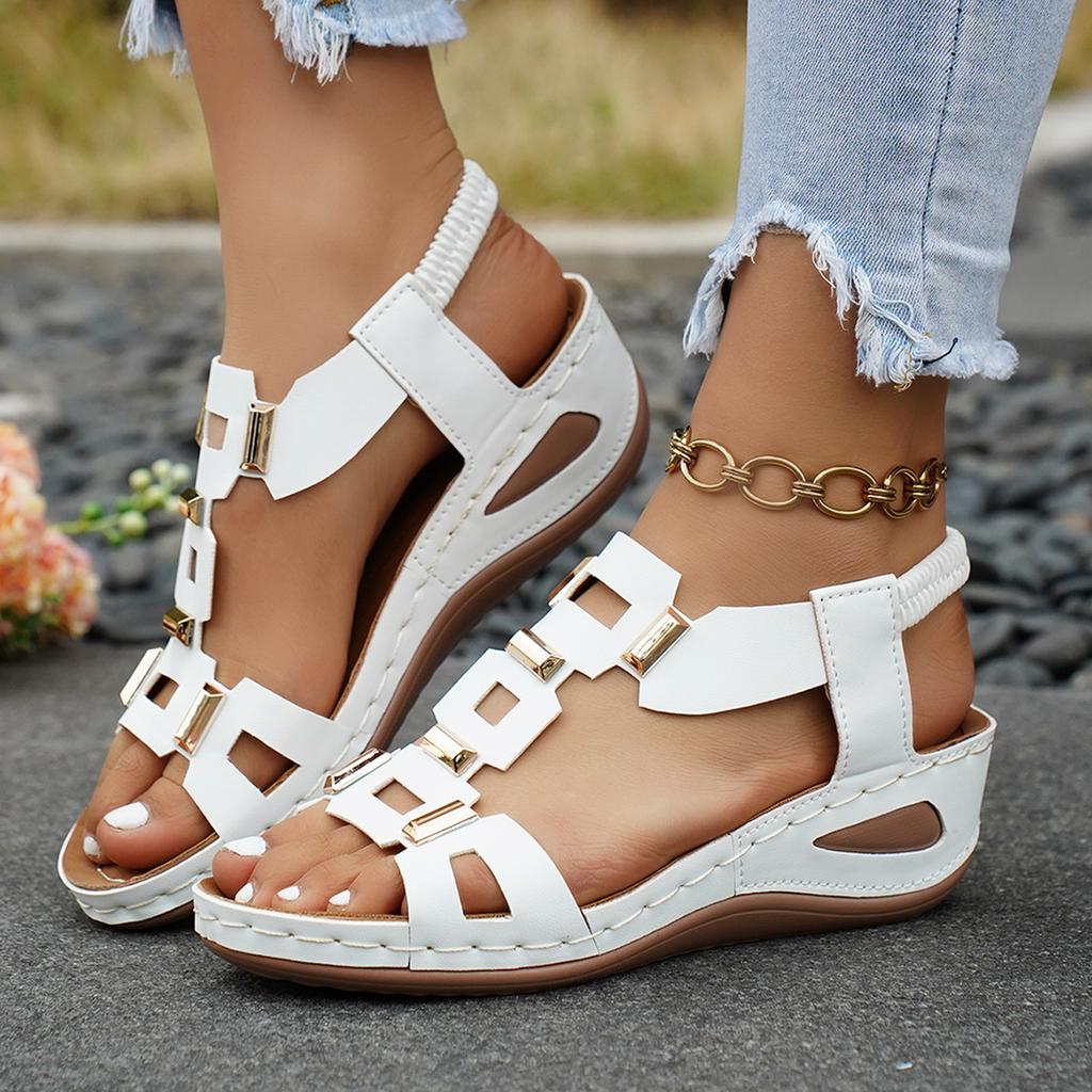 Sandali da Donna Estivi con Zeppa e Bocca di Pesce Fibbia Metallica Elastici Slip-On Scarpe alla Moda da Donna Taglie Forti