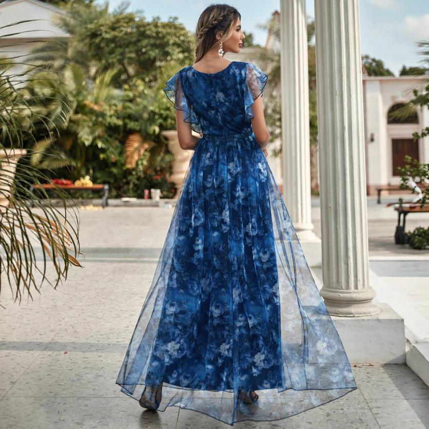 Evening dress V-neck printed mesh ruffle edge fairy long temperament evening dress graduation season dance dress