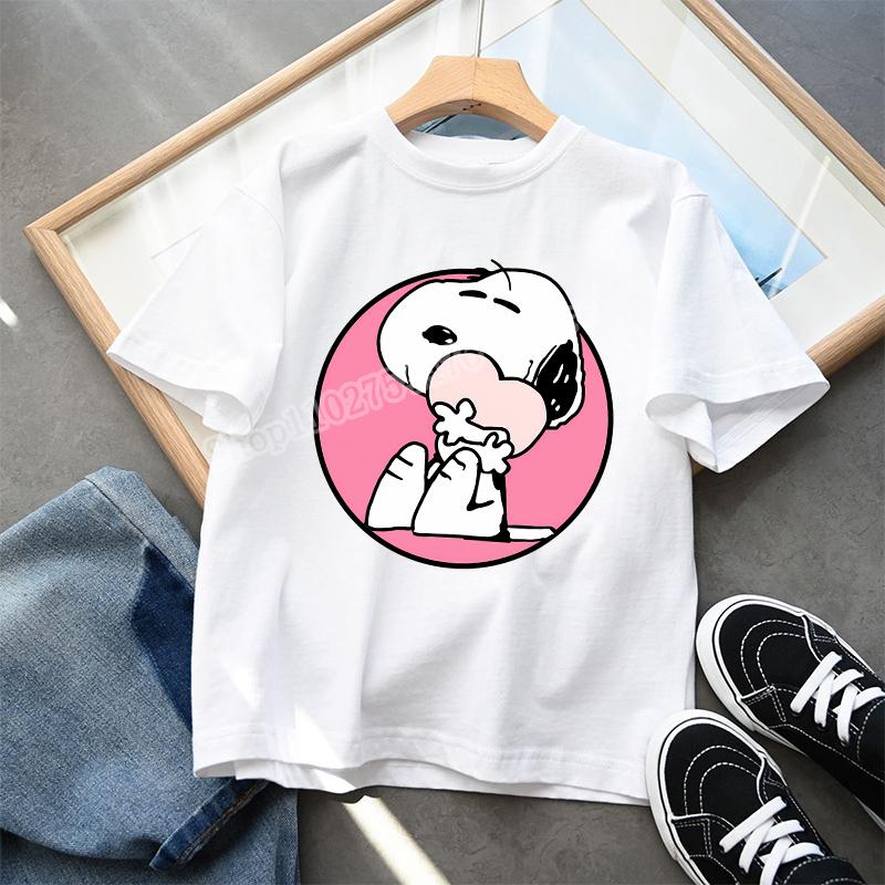 Snoopys Child Short Sleeve Tshirt Boys Girls Summer Casual Round Neck Tops Anime Character Print Pullover Kids Birthday Gifts