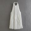 Women Summer Halter Neck Sleeveless Fringed Short Dress Strapless Off-the-Shoulder Braided Rope Paneling Slim Pleated Skirt for Parties