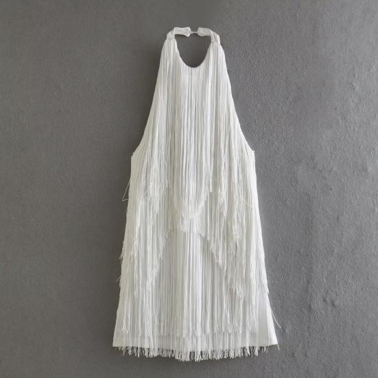 Women Summer Halter Neck Sleeveless Fringed Short Dress Strapless Off-the-Shoulder Braided Rope Paneling Slim Pleated Skirt for Parties