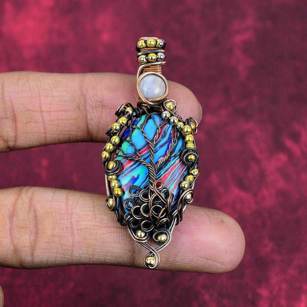 Lebensbaum Regenbogen Calcit Anhänger Kupferdraht umwickelt Edelstein Anhänger Mondstein Anhänger Handgefertigter Kupferdraht Schmuck Jahrestagsgeschenke