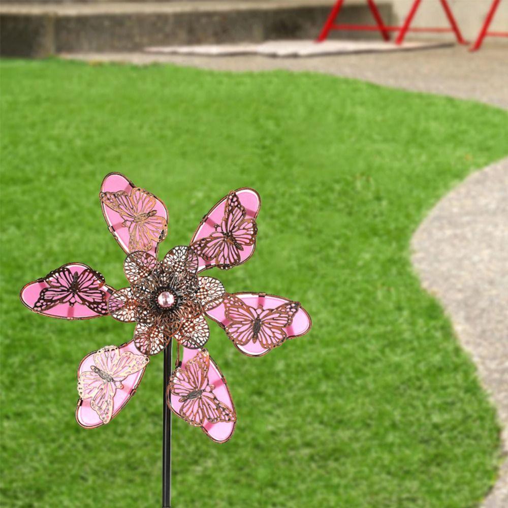 Luminous Effect Windmill Spinner Sculpture Metal Flower Pinwheel Wind Rotator  Lawn