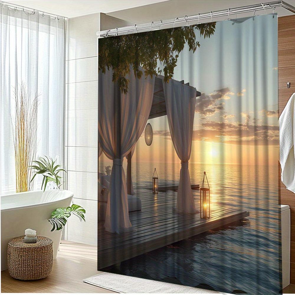 

1Pc Sunset Ocean View Shower Curtain - Serene Vista Design With Lanterns & Canopy, Machine Washable Polyester Fabric, W60H190(CM)-1 Pcs