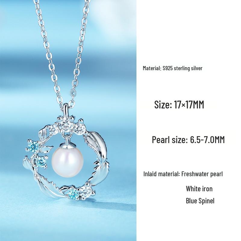 Elegant Feather & Pearl Round Pendant Necklace for Women - 925 Sterling Silver Gift for Girlfriend 925 Sterling Silver