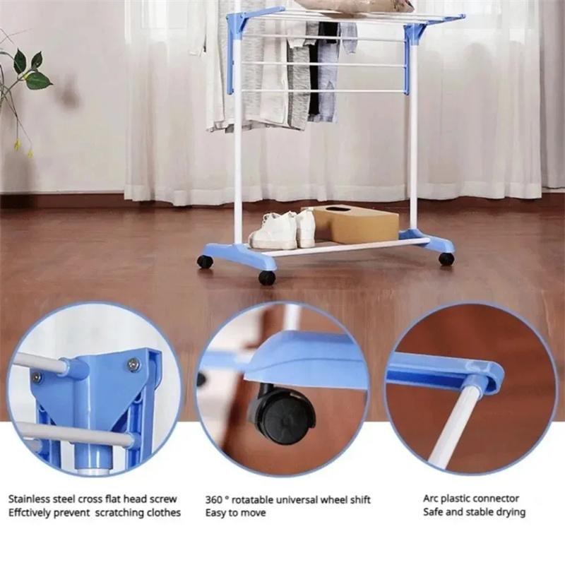 Drying Clothes Rack Folding Multi Functional Stainless Steel 3-Layer Household Floor Type Drying Racks Mobile Coat Storage Shelf