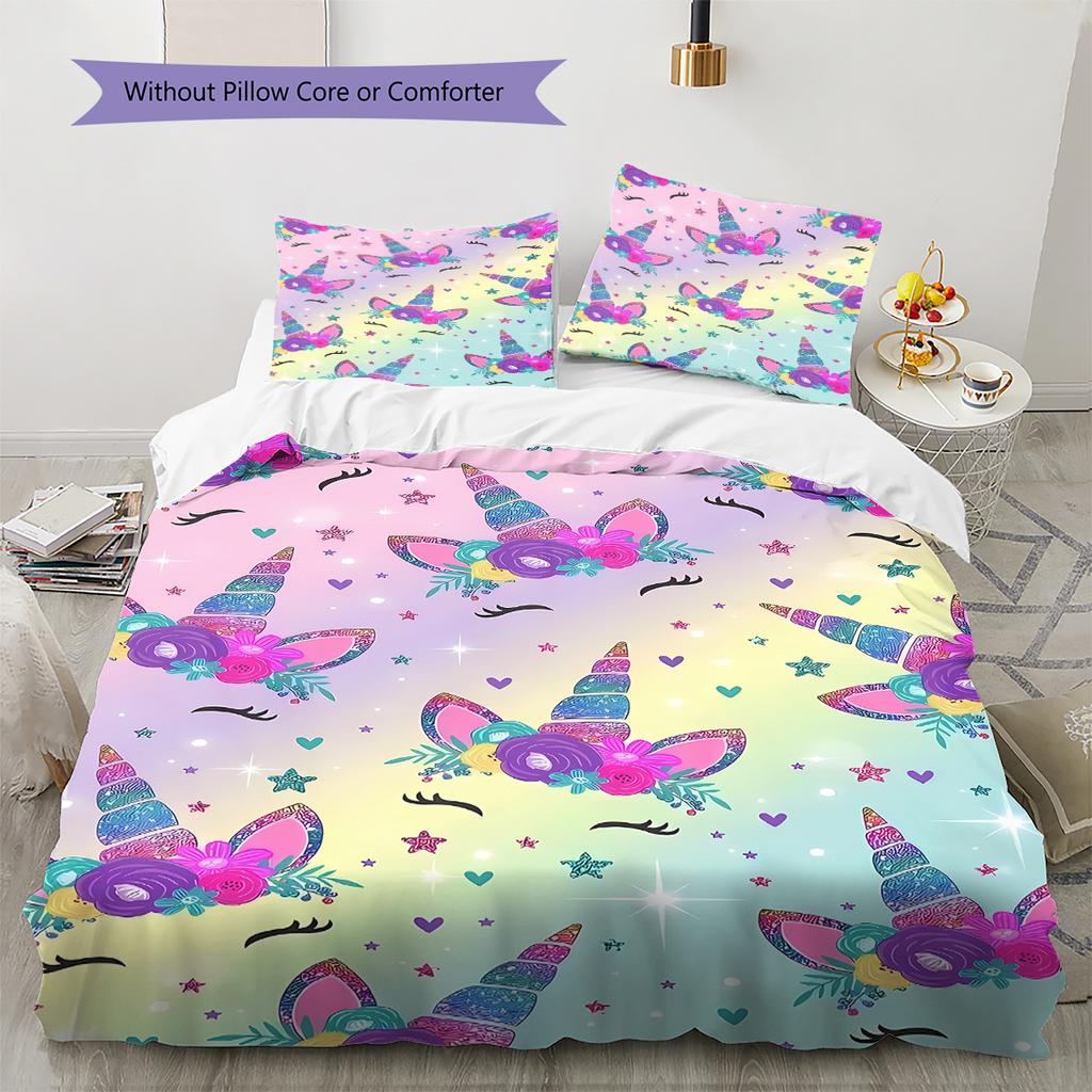 Colorful Uni-horse Pattern Bedding Quilt Set Quilt Cover Pillowcase Home Decoration Gift (1 * duvet cover + 2 * pillowcase, without core)