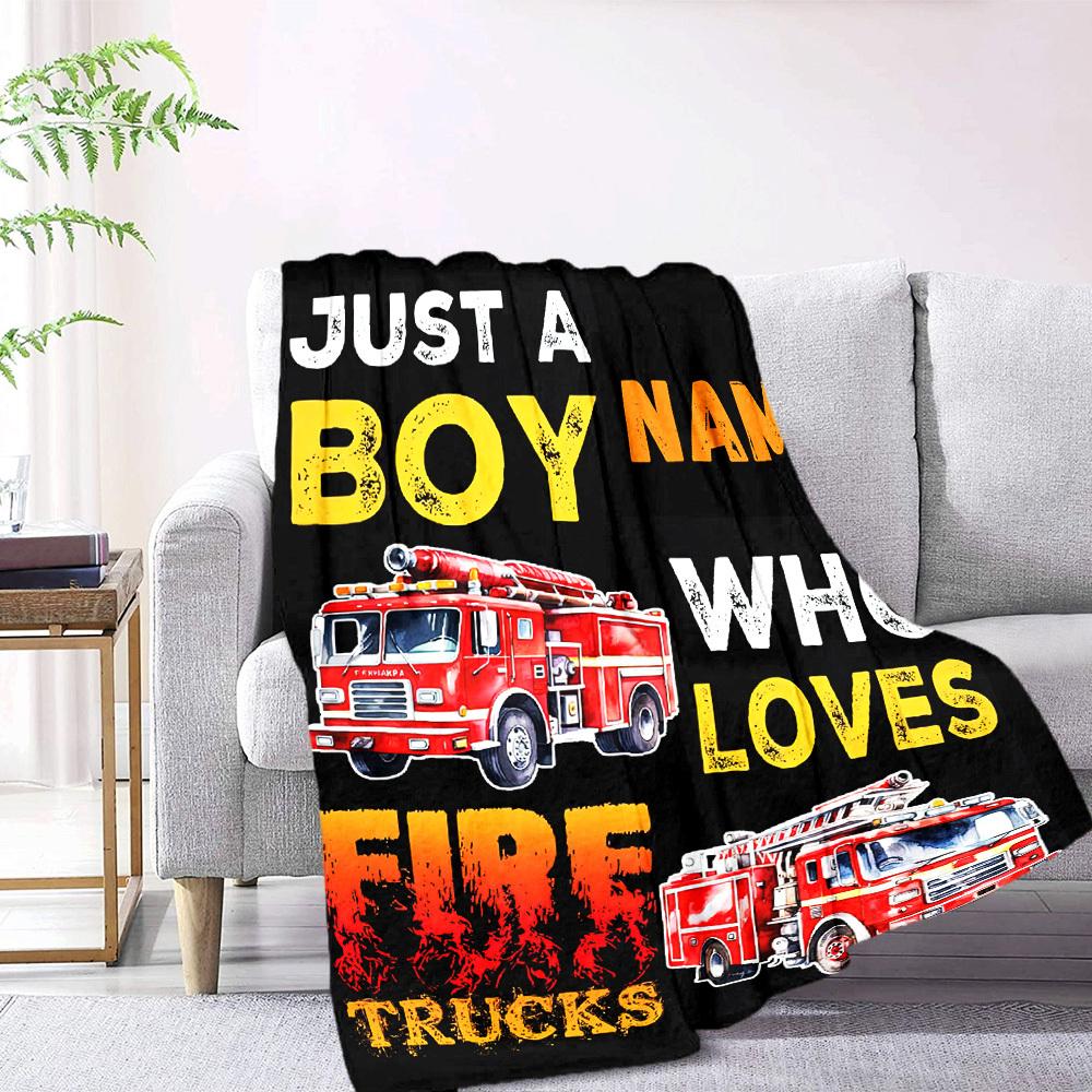 Boy Loves Fire Trucks A Passionate Firefighter'S Journey Throw Customizable Blanket Customize Text Soft Cozy Throw For Sofa Couch Office Bed Picnics