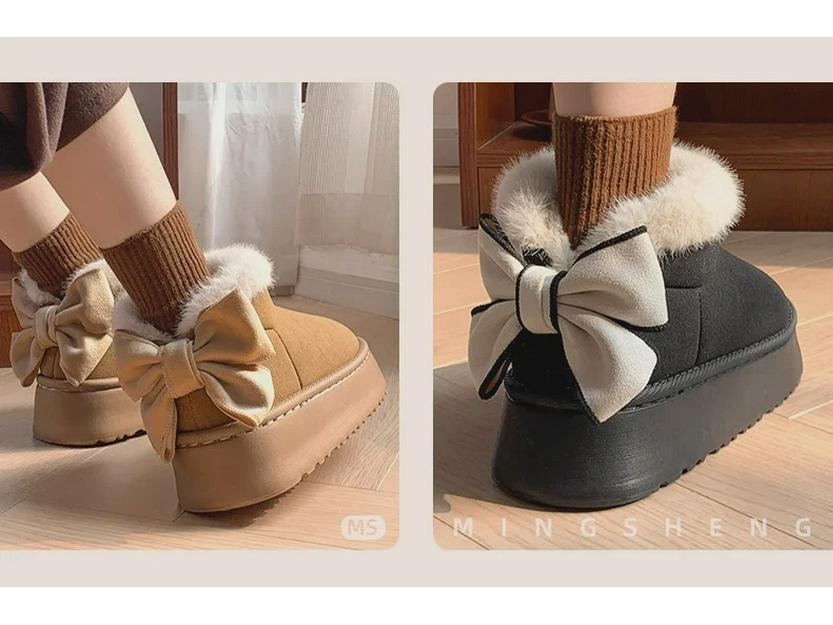 Women's Bow-Knot Cotton Heel Boots: Warm, Stylish & Versatile for Winter