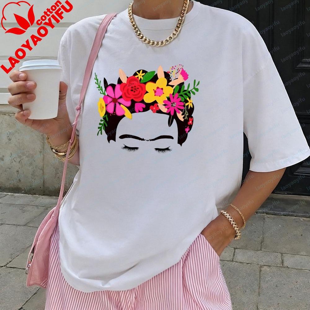 Frida Kahlo Floral Crown Graphic T-Shirt for Women Mexico Cultural Print Tee Boho Casual Short Sleeve Artistic Top Cotton Tshirt
