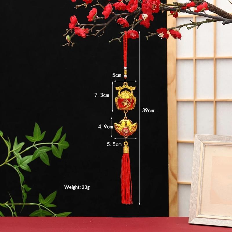 Lunar New Year Lucky Hanging Ornament with Red Tassel Golden Charm Festive Portable Decor for Travel Hotel Room Spring Festival