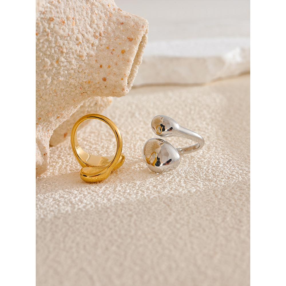 Yhpup 18K PVD Plated Stainless Steel Texture Geometric Finger Ring for Women Individualistic Sleek Metal Adjustable Jewelry Gift