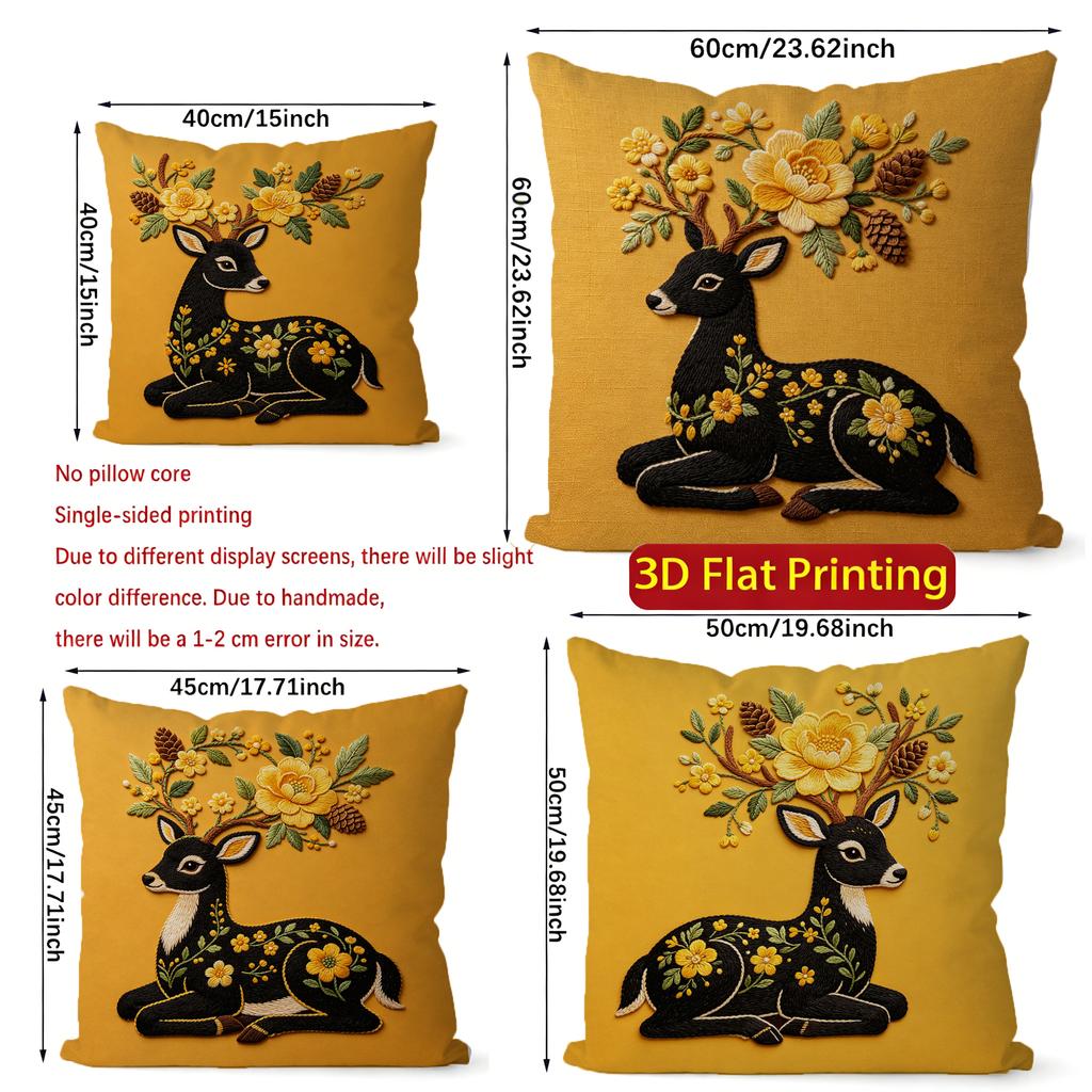 Embroidery Style Deer & Floral Throw Pillow Covers Pattern Cushion Cover Suitable For Sofa Bedroom Car Pillow Cover