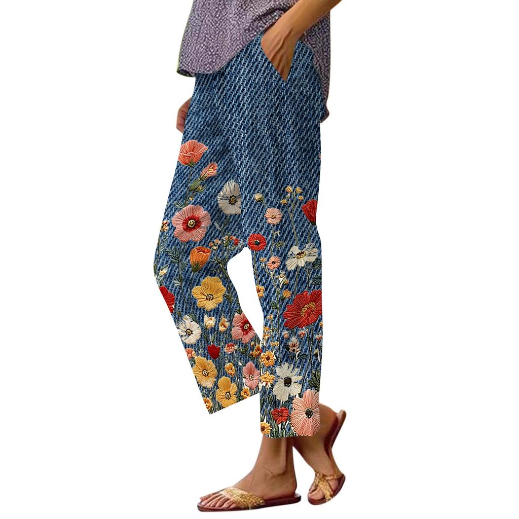 Hawaii Capri Pants for Women Casual Tropical Floral Print Pants Elastic High Waist Drawstring Summer Beach Trousers