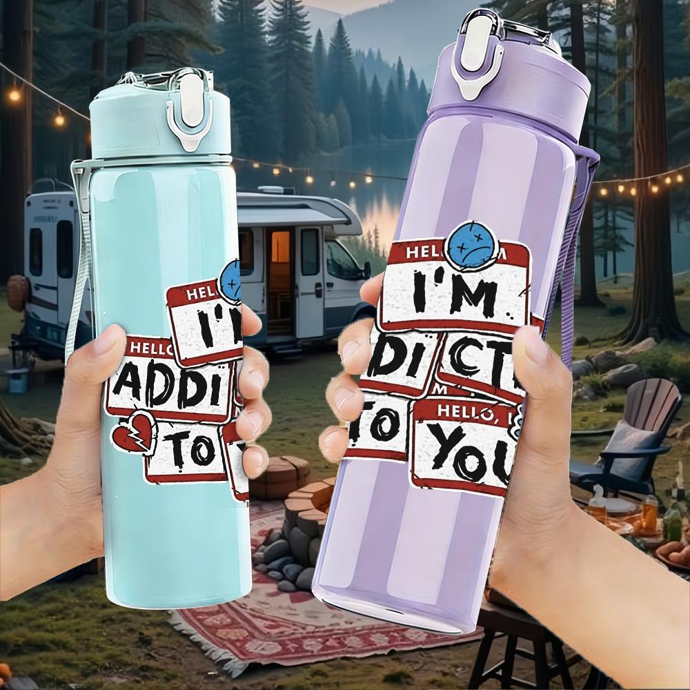 1PC Simple Face Doodle Line Art Print 750ml Colorful Plastic Sports Water Bottle Leakproof Pop Up Lid with Straw for Outdoor Work Home Use