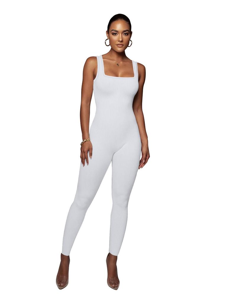 Women's Solid Color Ribbed Sleeveless Bodysuit: Square Neck, Backless, Hip-Lifting Slim-Fit Jumpsuit