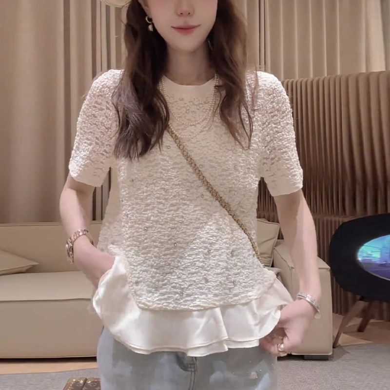 

2025 Summer New Arrival Fashion Dignified Sense of Design Flounce Texture White Short Sleeve T-shirt Top Women s Clothing White 2XL