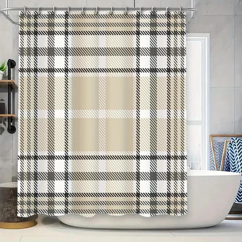 

Bath Shower Curtain Checkered Plaid Black White Home Decor Waterproof Rectangular Tub Rug Set Bathroom Fabric Shower Curtains Wi W60H190(CM)-1 Pcs