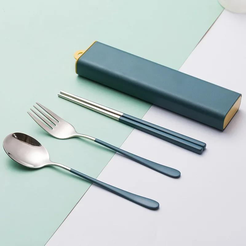 Portable Cutlery Sets With Case, 3pcs/Set Eco Friendly Dish Kitchen Accessories, Gold Knife Fork Spoon, Silverware Sets