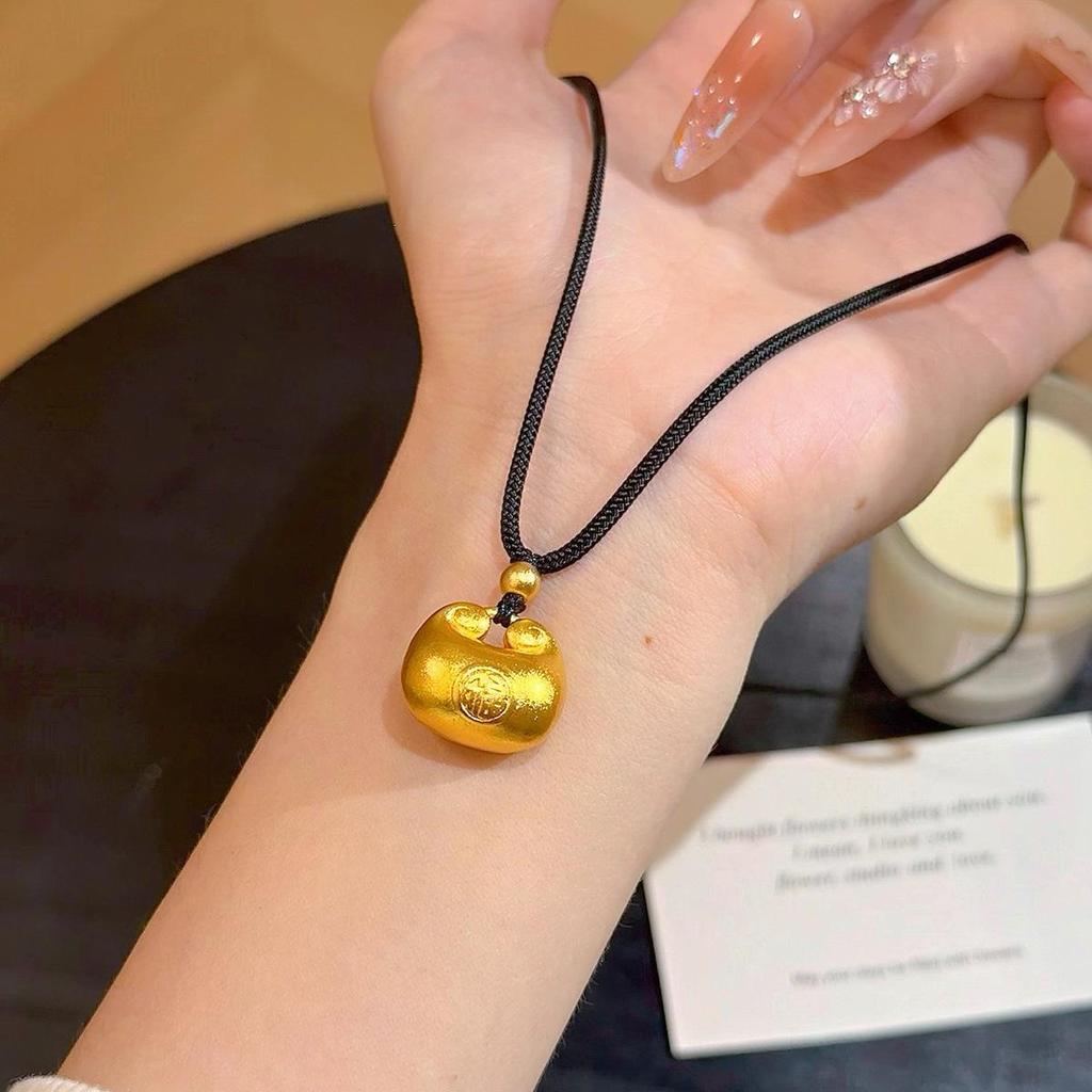 Gold Plated Little Fat Fu Pendant Necklace for Women - Simulated Gold Nugget Sweater Chain