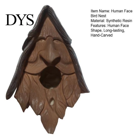 Birdhouse with Carved Hair Happy Spirit Synthetic Resin Human Face Bird Wire Hanger Nest Hand-Carved Ancient Tree Fairy