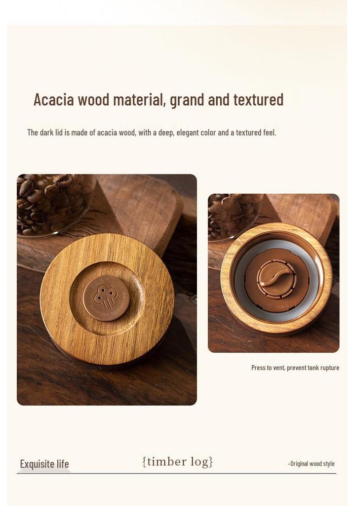 Coffee Bean Sealed Glass Jar with One-Way Valve, Wooden Lid - for Coffee, Tea, and Dried Goods Storage