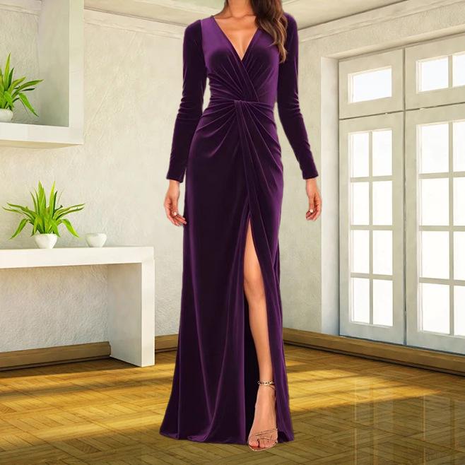 

Elegant Women s Velvet Pleated Fishtail Evening Gown with Hip-Hugging Slit Skirt - 2025 Collection L фиолетовый