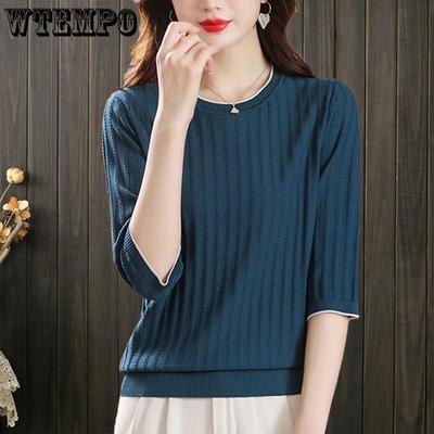 Damen T-Shirt Sommer Pullover Kurzarm Casual Solid Strick Rundhals Damen Lose Top T-Shirt