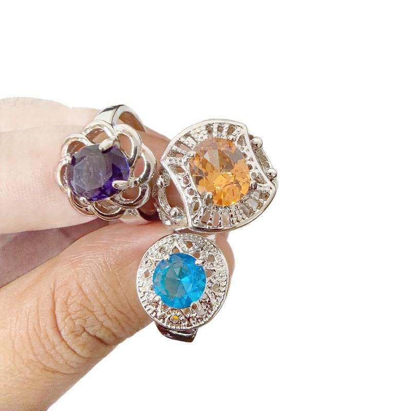 Colorful crystal glass ring women's alloy finger ring vintage hollowed out ring