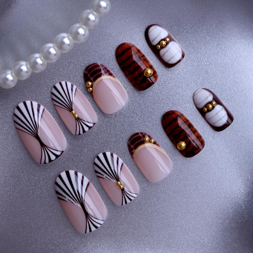 24-piece oval-shaped press-on nails in autumn and winter, ins-style coffee color with crocodile pattern